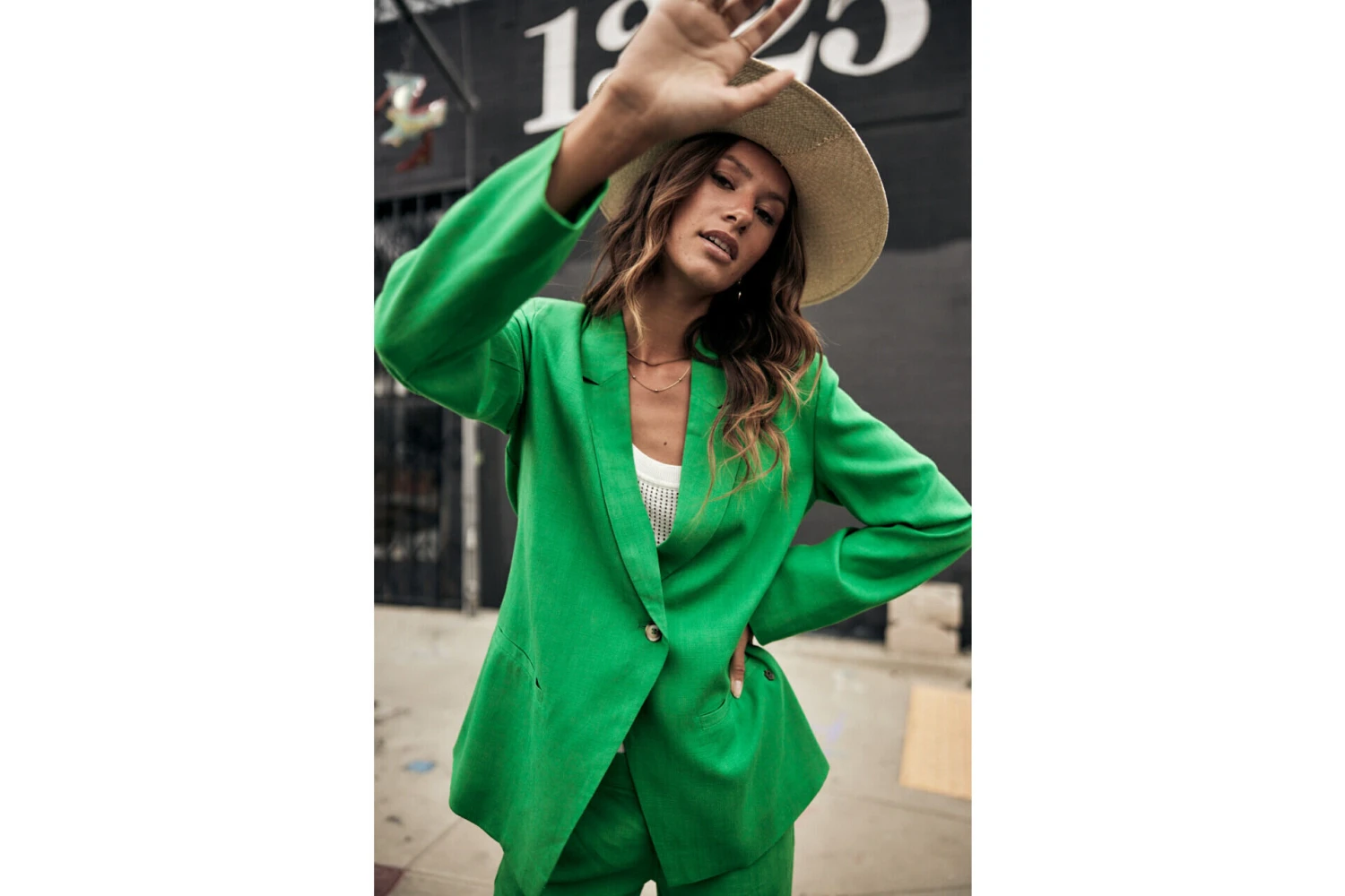 Freeman T. Porter Bernie Plain Linen Blazer Oversize Femme, Jolly Green