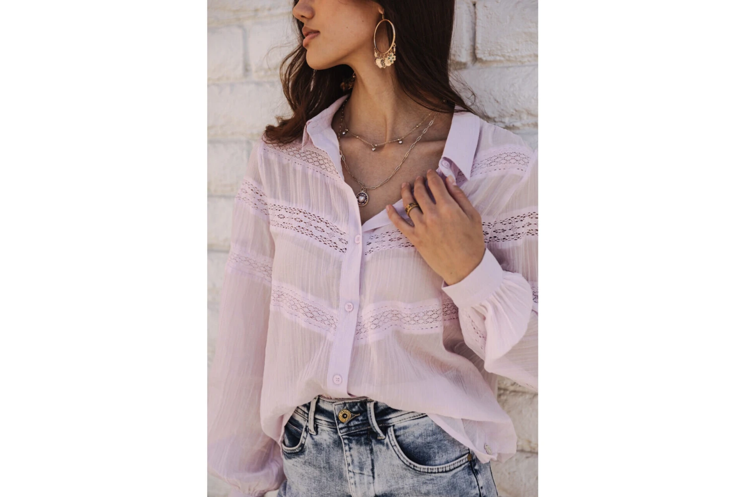 Freeman T. Porter Carline Plain Color Chemise Plissée Femme, Lilac – Image 9