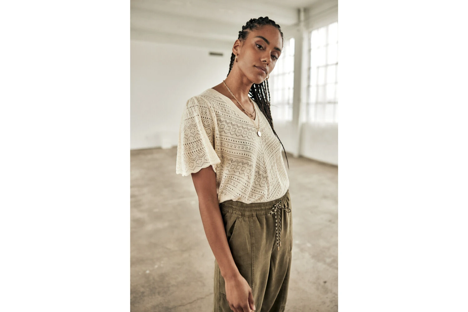 Freeman T. Porter Posie Openwork Pull Manches évasées Femme, Birch