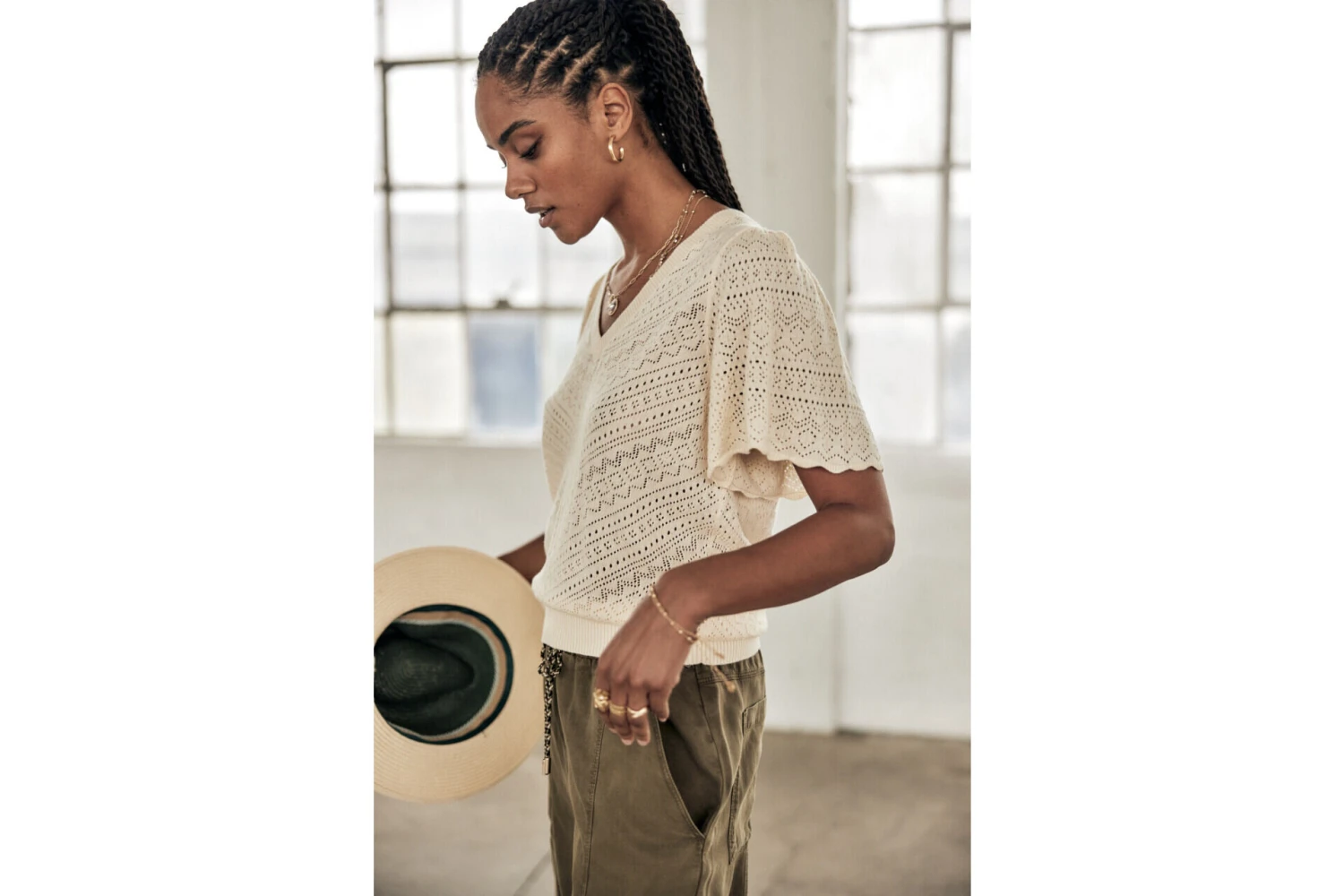 Freeman T. Porter Posie Openwork Pull Manches évasées Femme, Birch – Image 2