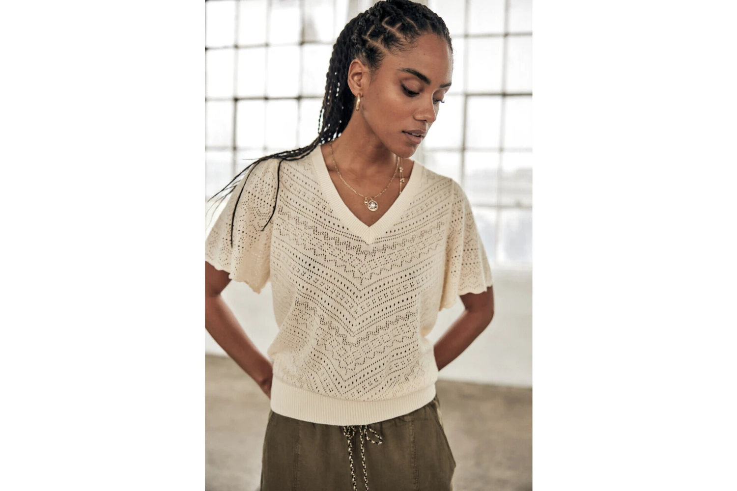Freeman T. Porter Posie Openwork Pull Manches évasées Femme, Birch – Image 6