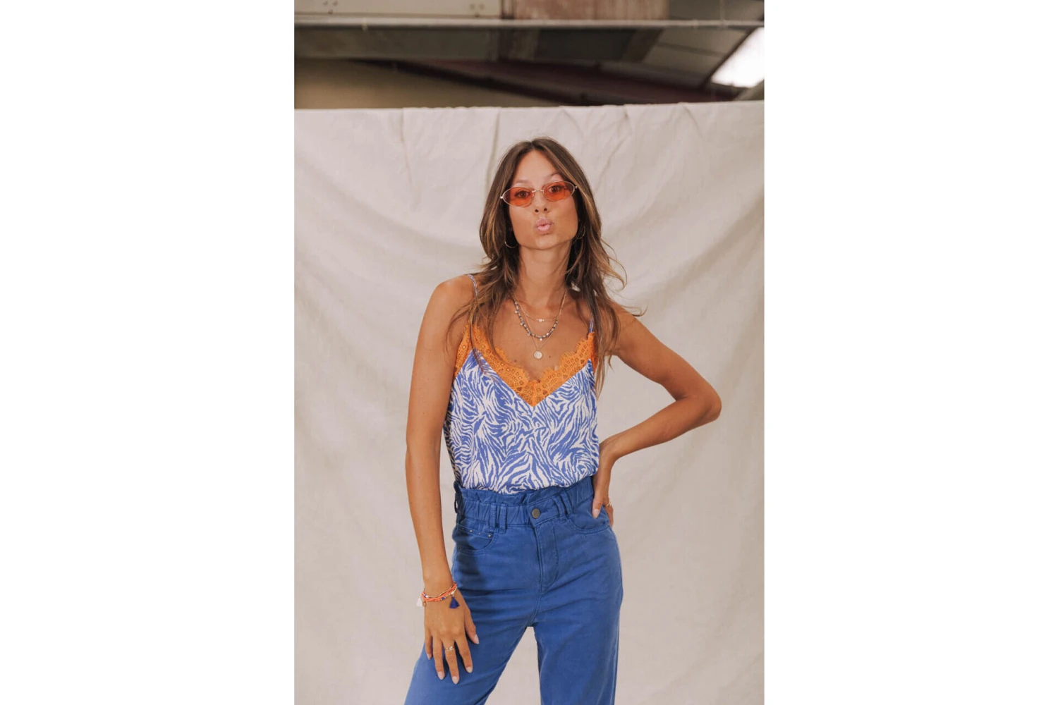 Freeman T. Porter Selia Zebrure Caraco Décolleté Dentelle Femme, Dazzling Blue